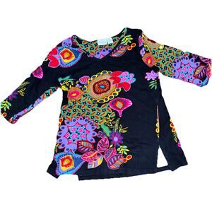 Vermont Country Store Abstract Floral Print 3/4 Sleeve Cotton T-Shirt sz Medium